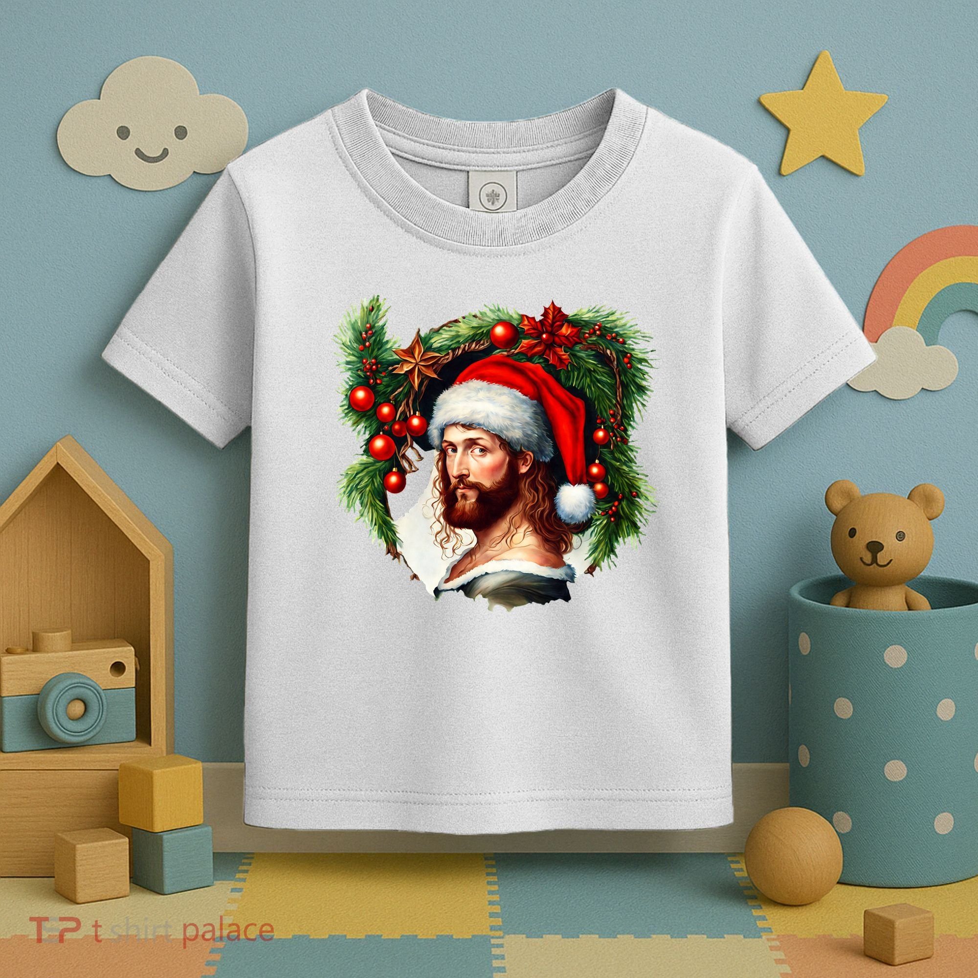 Christmas Jesus In Santa Hat Portrait Decorations Toddler T-Shirt
