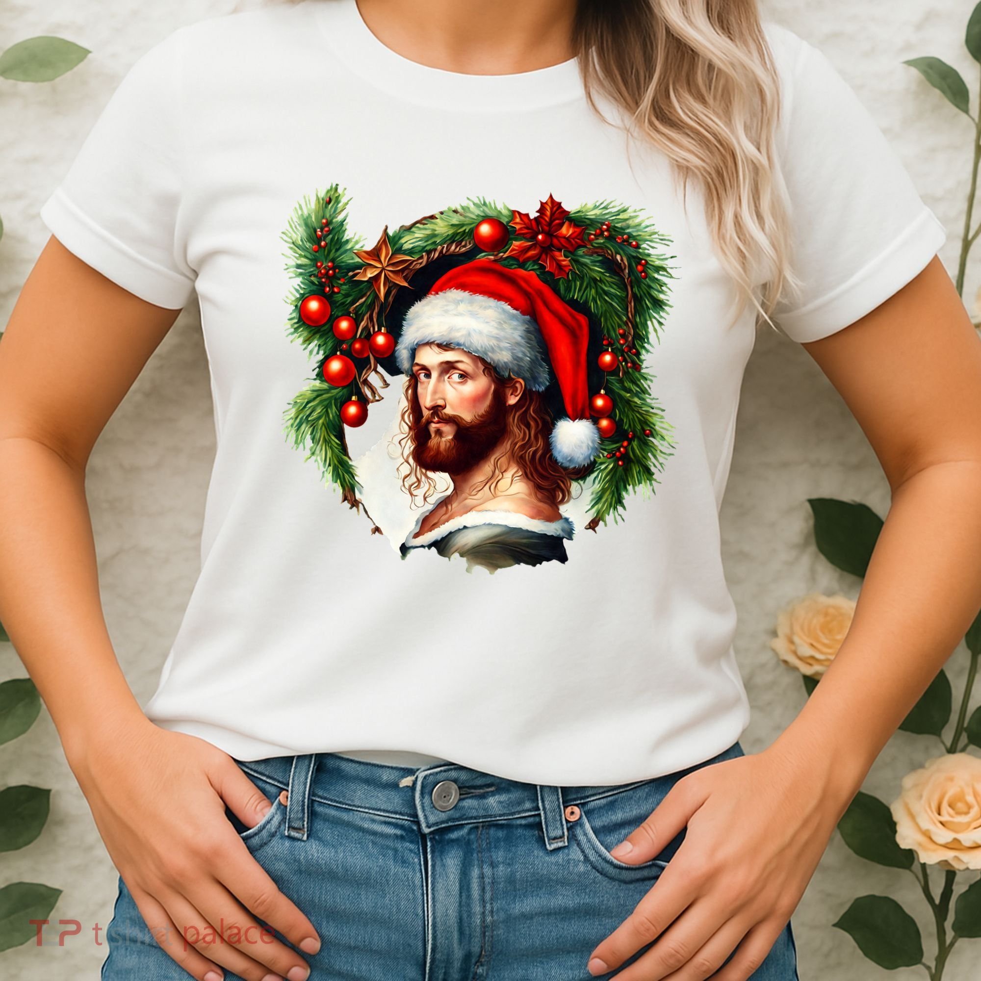 Christmas Jesus In Santa Hat Portrait Decorations Women's T-Shirt