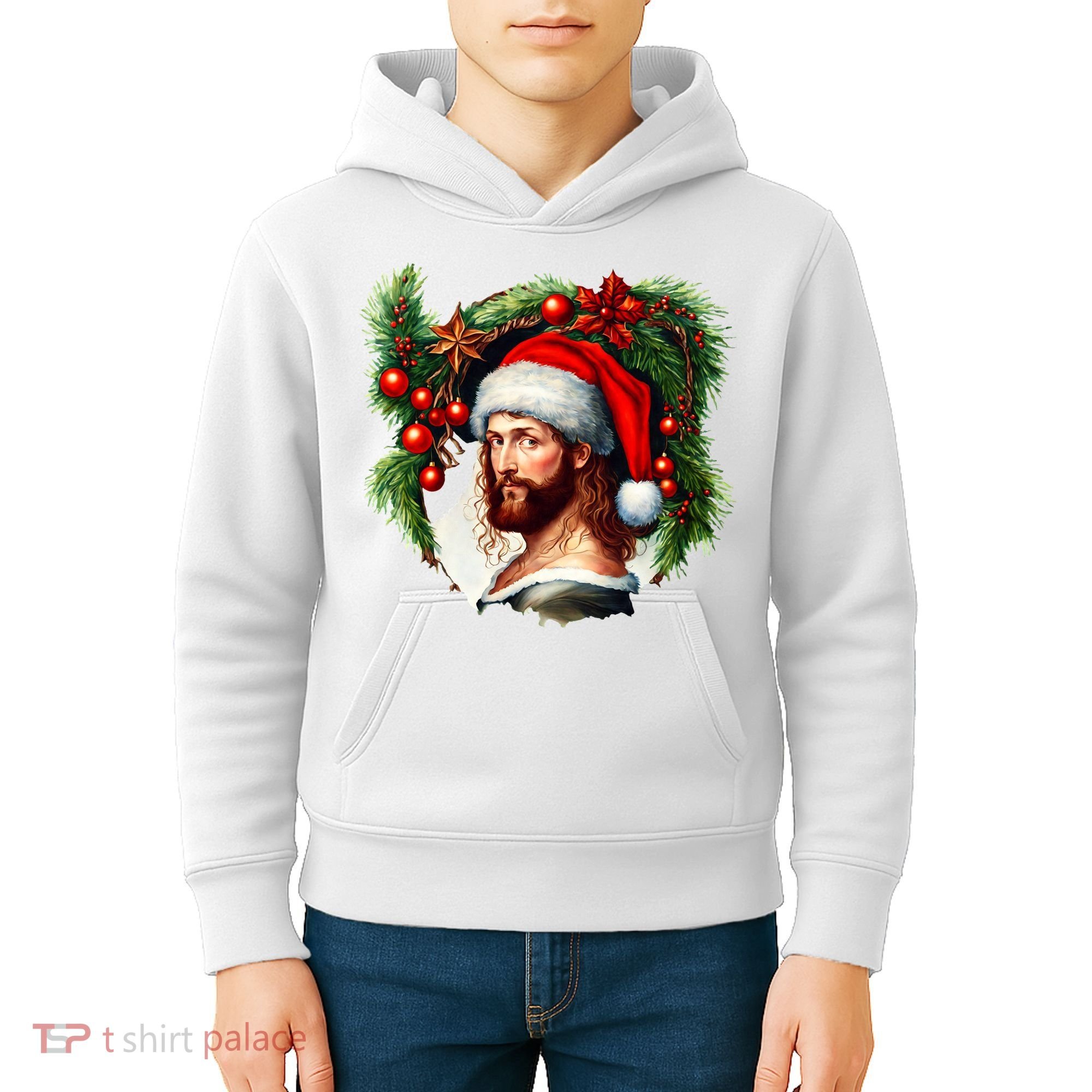 Christmas Jesus In Santa Hat Portrait Decorations Kids Hoodie