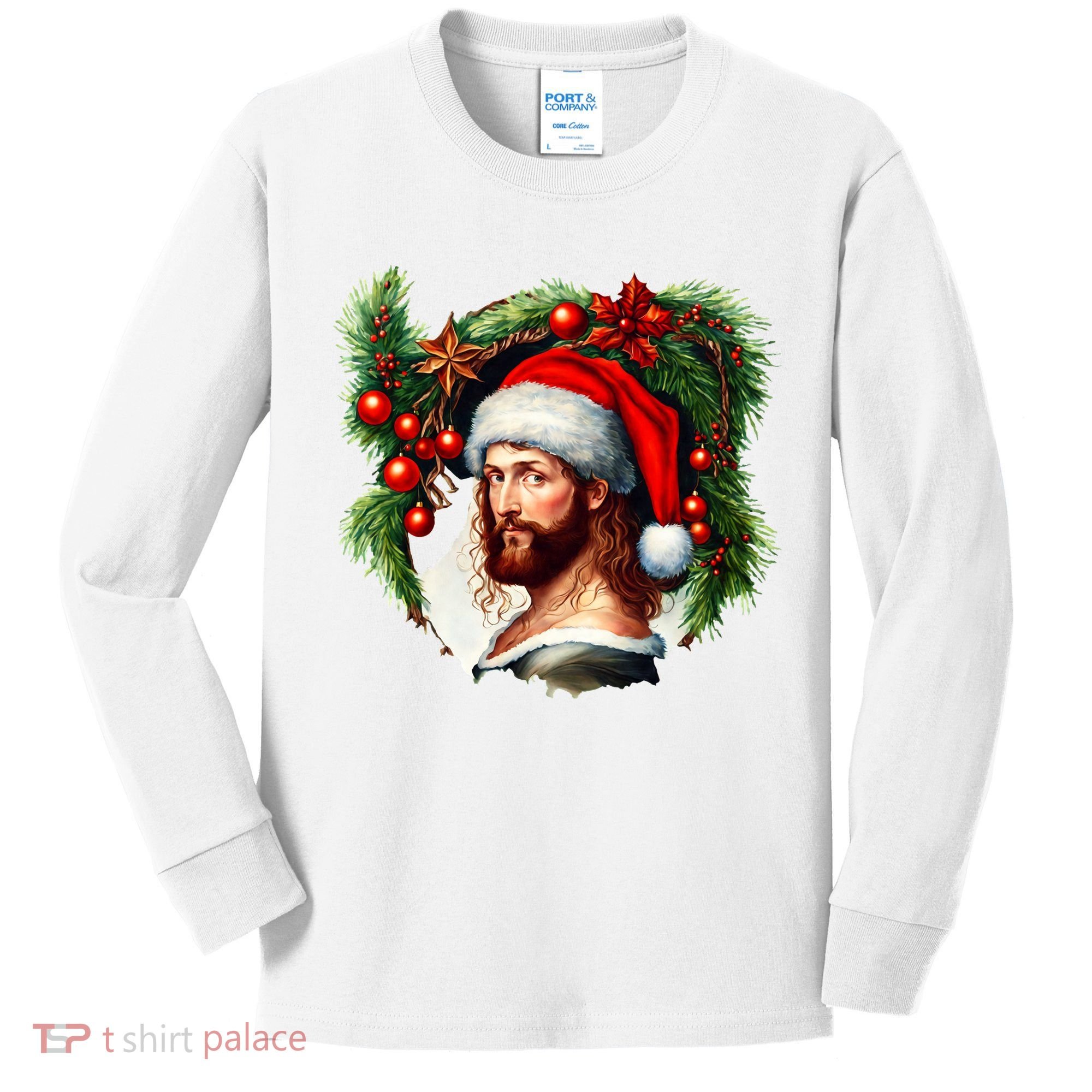Christmas Jesus In Santa Hat Portrait Decorations Kids Long Sleeve Shirt
