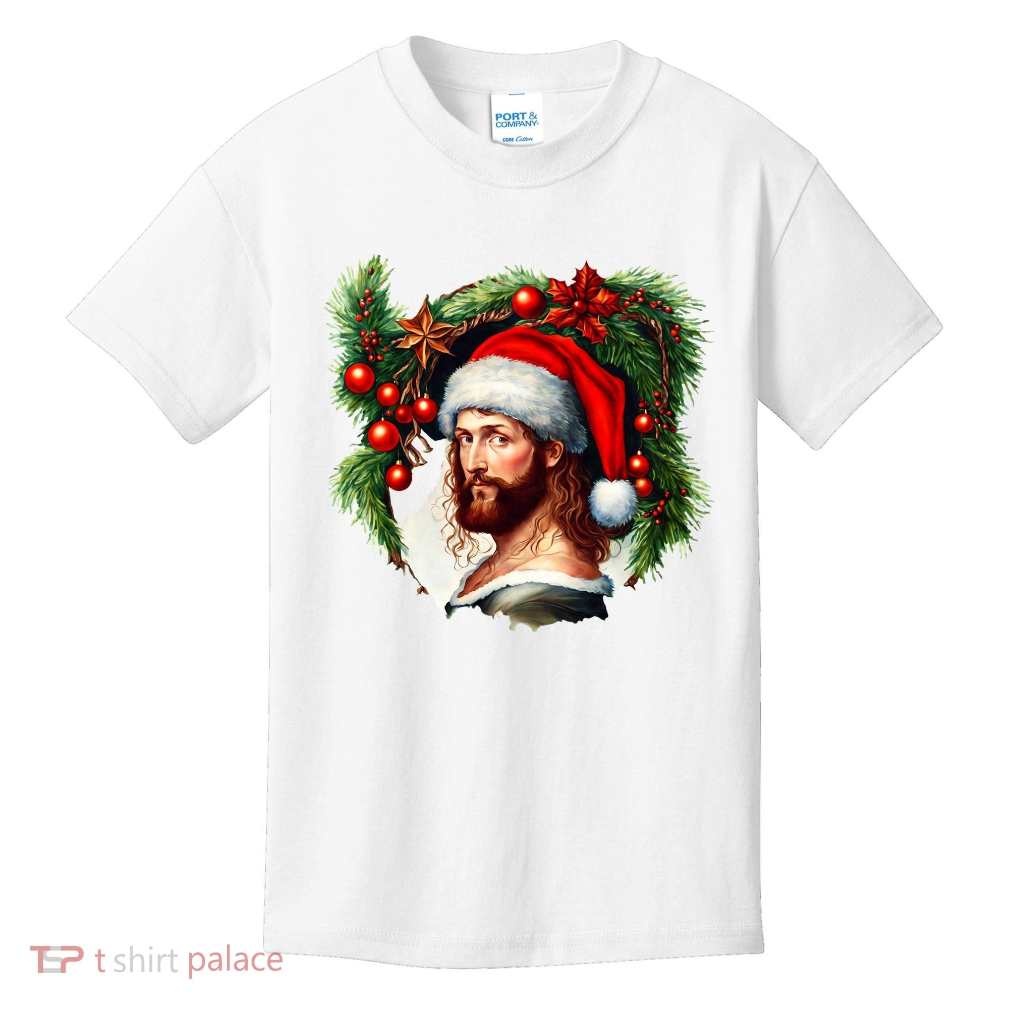 Christmas Jesus In Santa Hat Portrait Decorations Kids T-Shirt