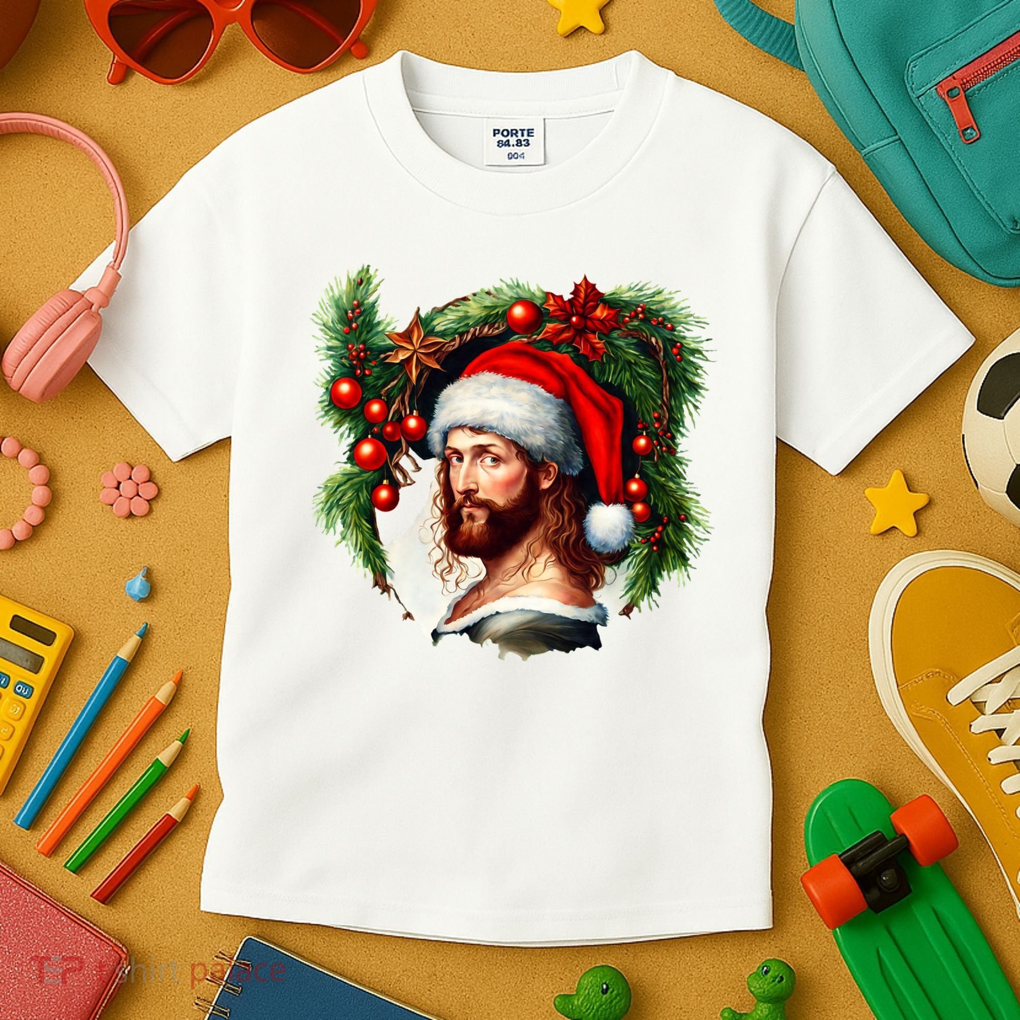 Christmas Jesus In Santa Hat Portrait Decorations Kids T-Shirt