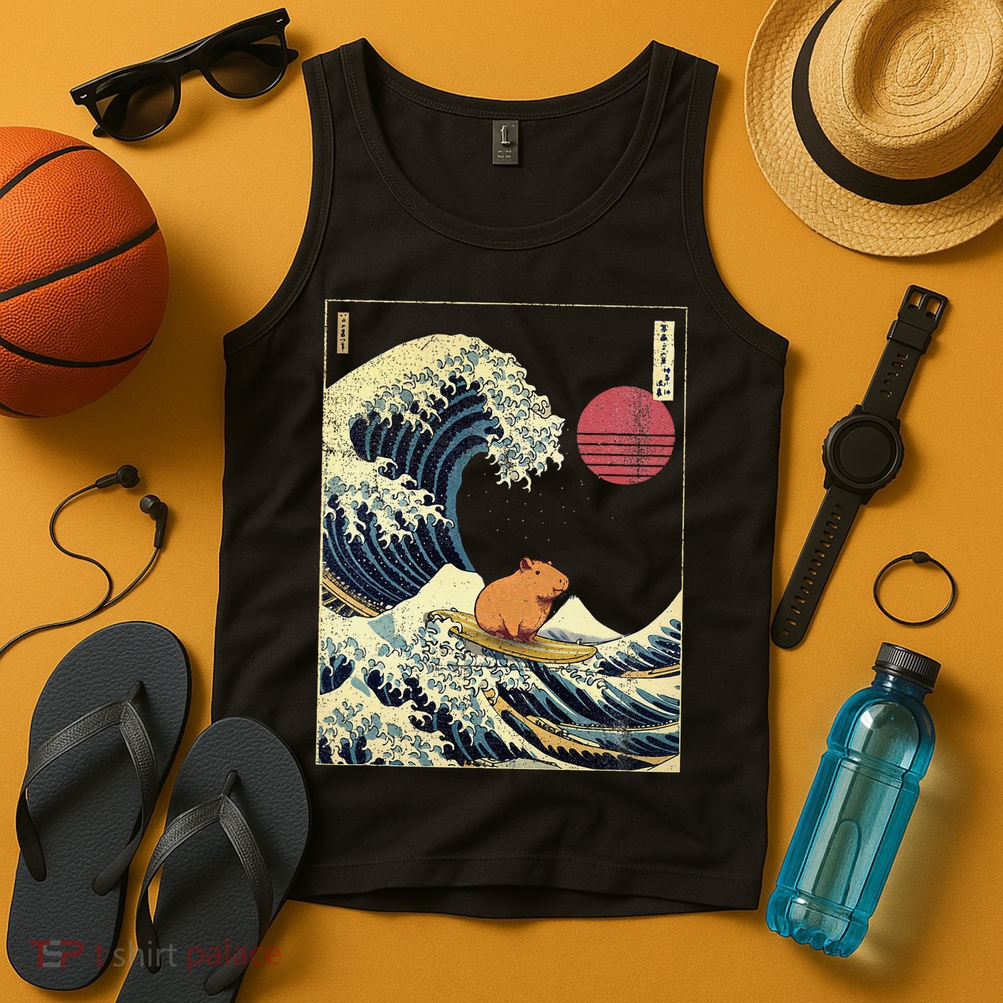 Capybara Japanese Kanagawa Wave Funny Surf Animal Tank Top