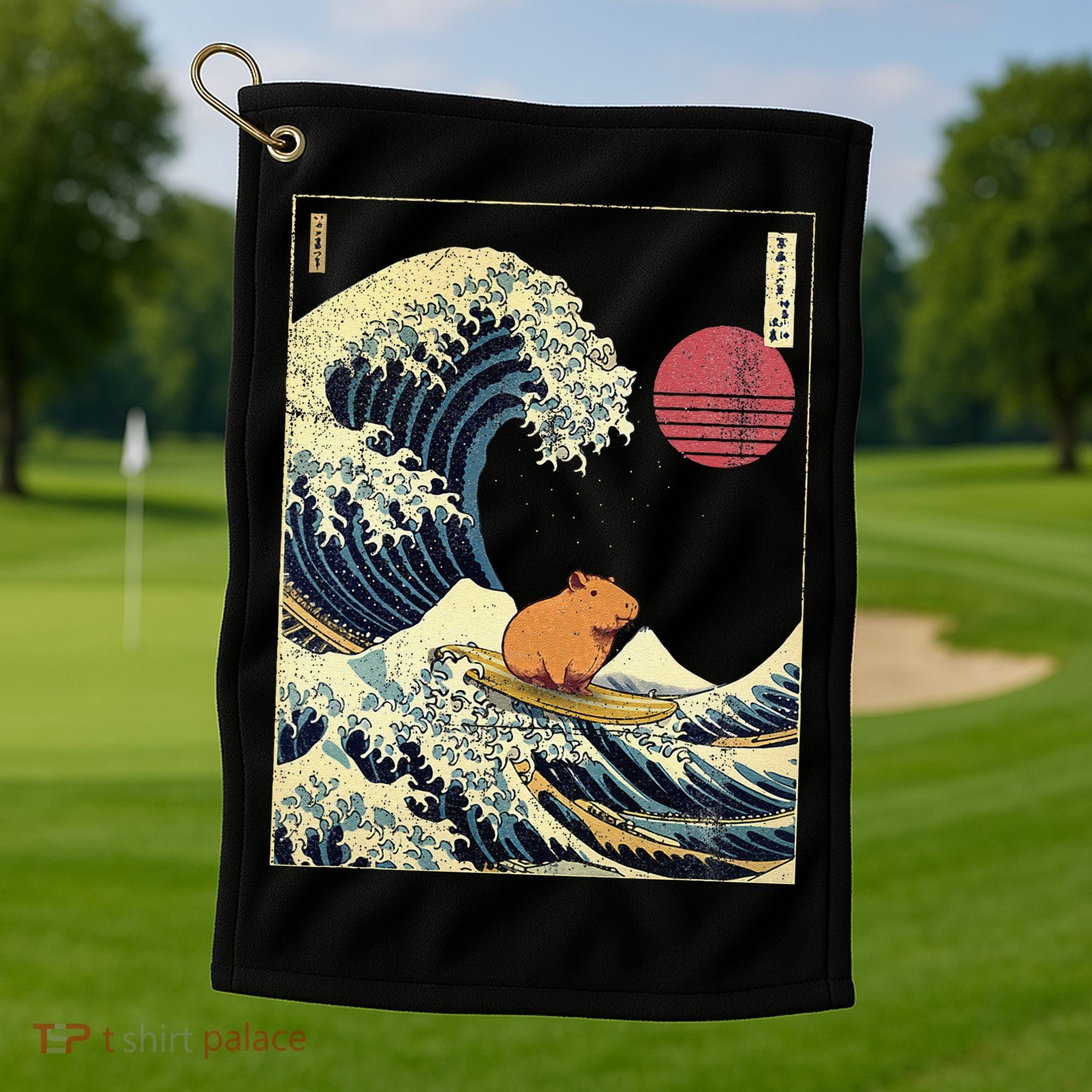 Capybara Japanese Kanagawa Wave Funny Surf Animal Golf Towel