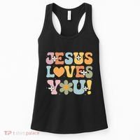 Cute Jesus Loves You Groovy Christian Women's Tank Top thumb 0