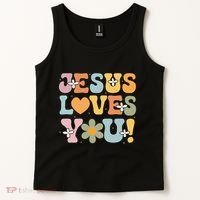 Cute Jesus Loves You Groovy Christian Tank Top thumb 2