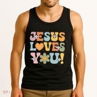 Cute Jesus Loves You Groovy Christian Tank Top thumb 3