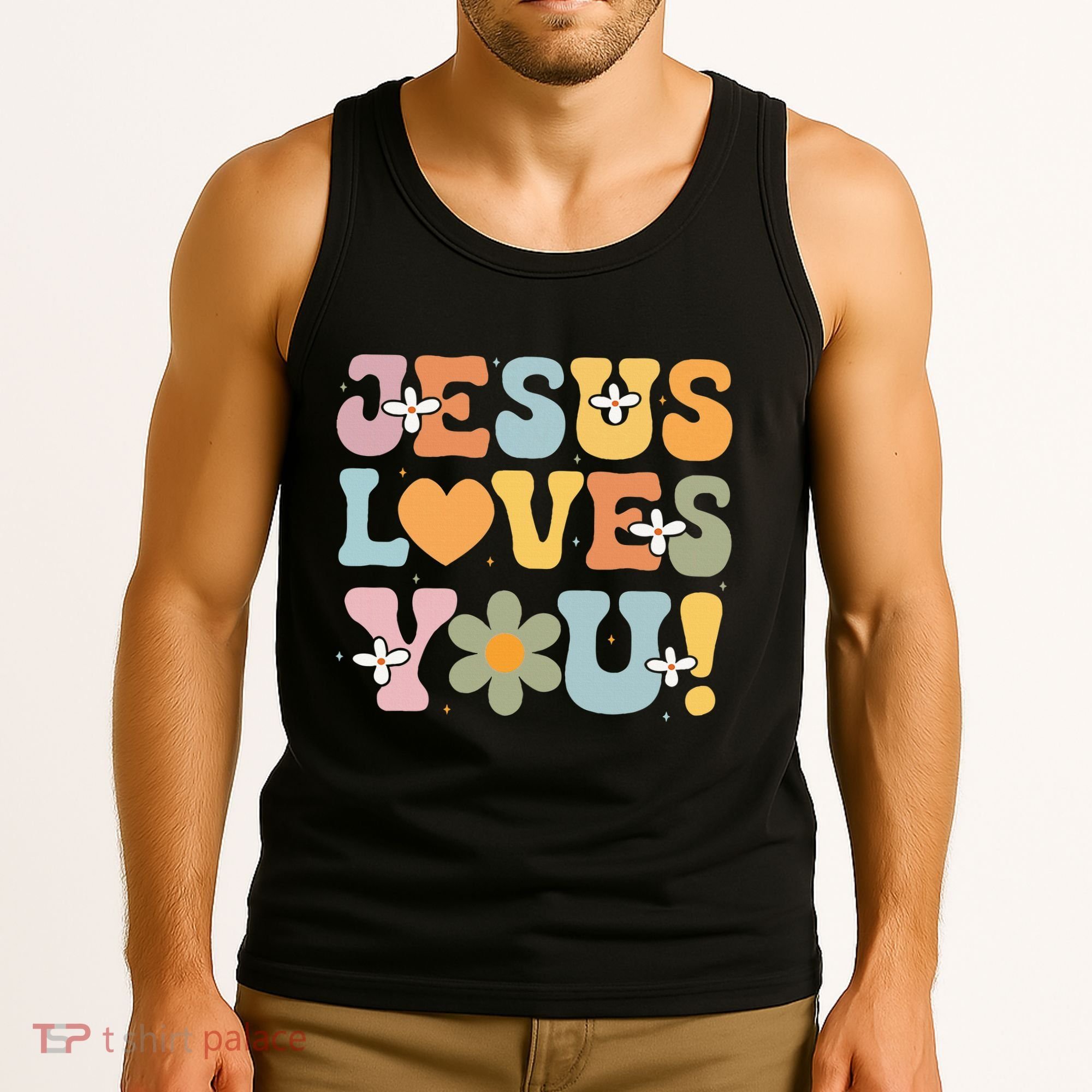 Cute Jesus Loves You Groovy Christian Tank Top