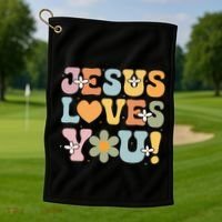 Cute Jesus Loves You Groovy Christian Golf Towel thumb 1
