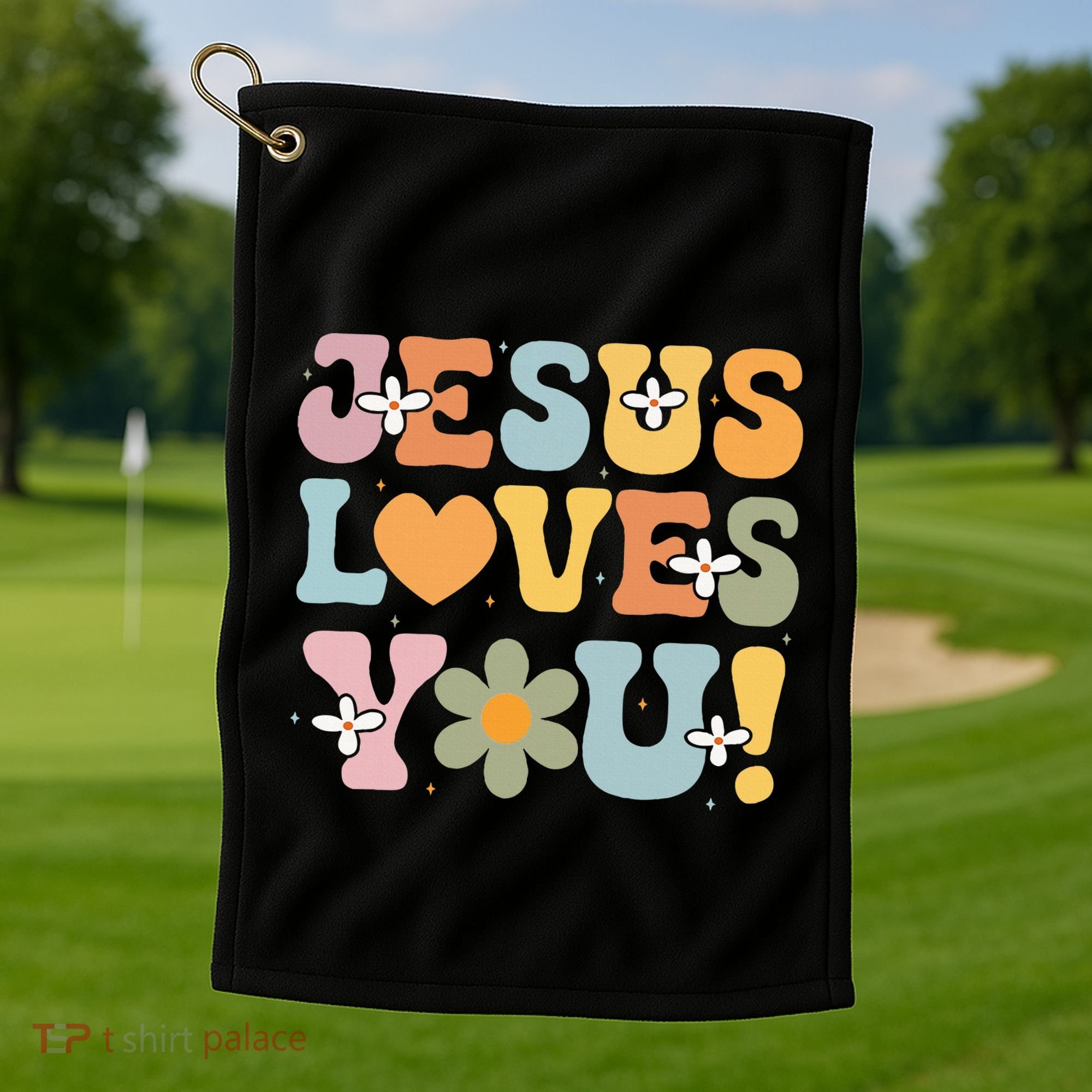 Cute Jesus Loves You Groovy Christian Golf Towel