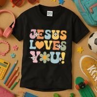 Cute Jesus Loves You Groovy Christian Kids T-Shirt thumb 3