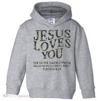 Camo Jesus Loves You White Christian God Son Brother Toddler Hoodie thumb 0