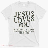 Camo Jesus Loves You White Christian God Son Brother T-Shirt thumb 0