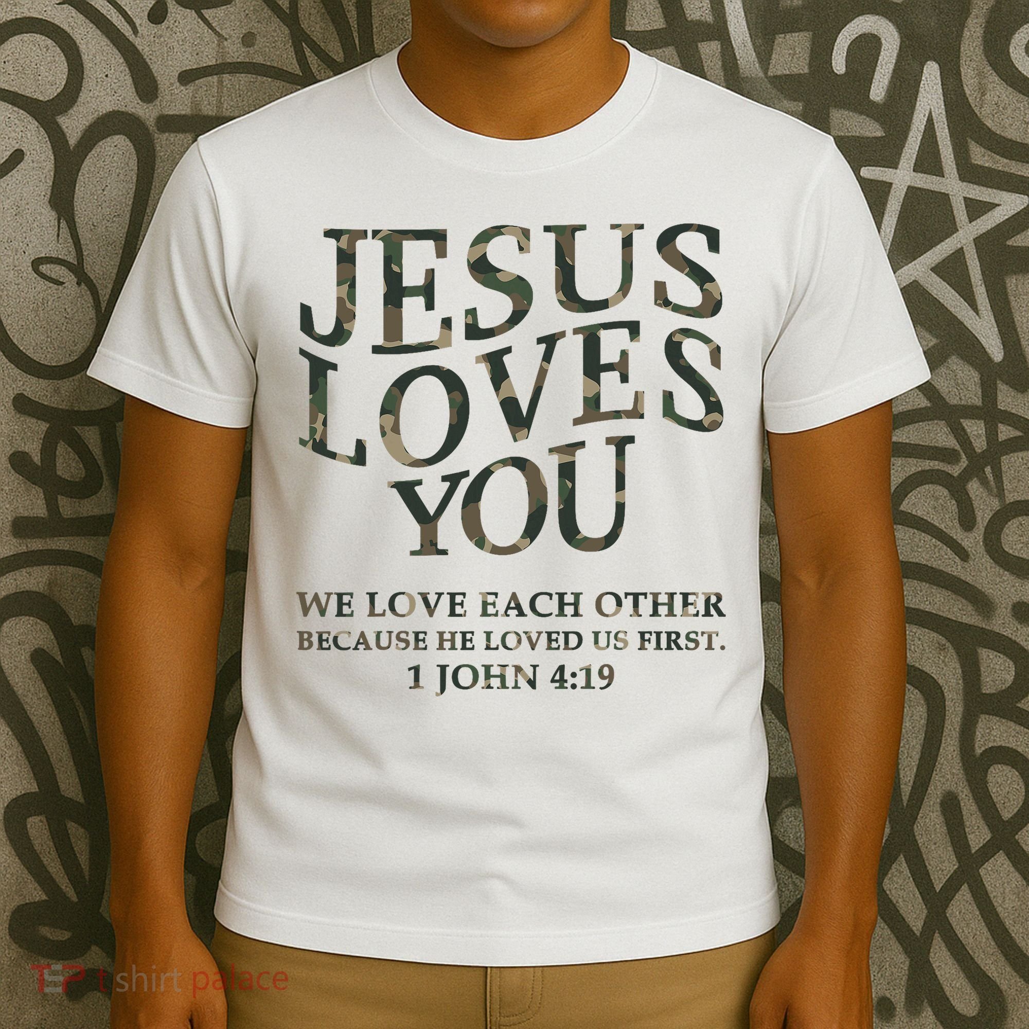 Camo Jesus Loves You White Christian God Son Brother T-Shirt