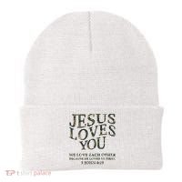 Camo Jesus Loves You White Christian God Son Brother Beanie thumb 0