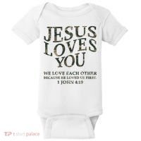 Camo Jesus Loves You White Christian God Son Brother Baby Bodysuit thumb 0