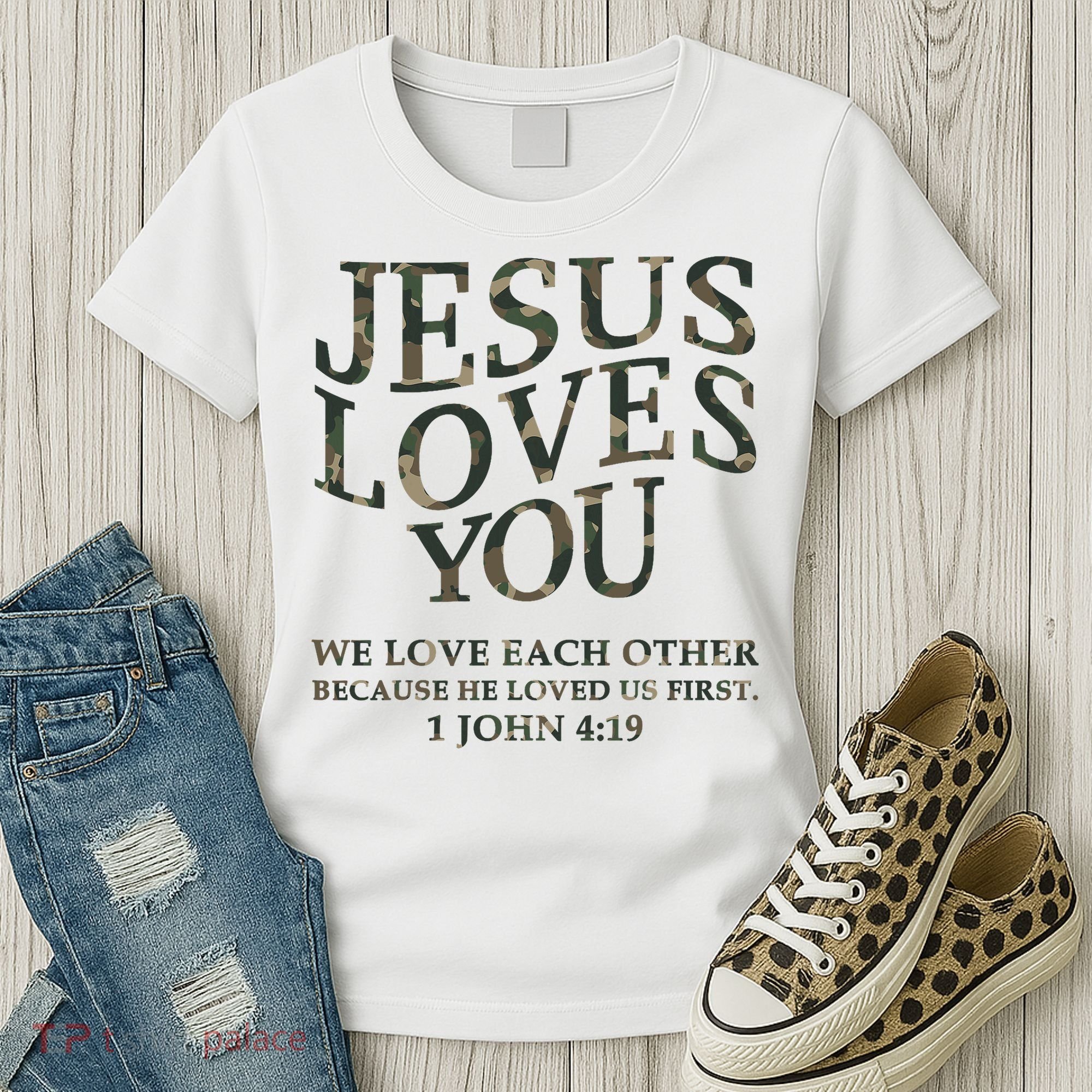 Camo Jesus Loves You White Christian God Son Brother Women's T-Shirt