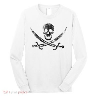 Calico Jack Pirate Flag Jolly Roger Distressed Graphic Long Sleeve Shirt