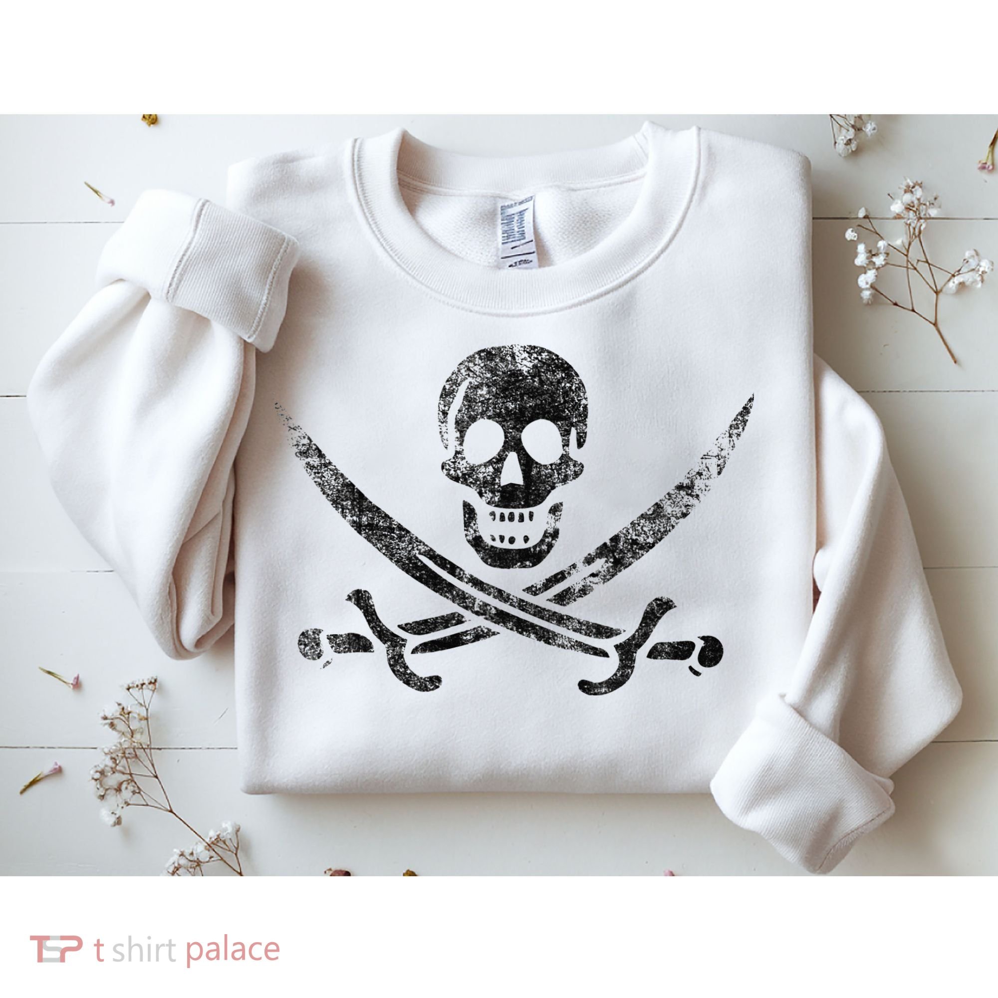 Calico Jack Pirate Flag Jolly Roger Distressed Graphic Sweatshirt