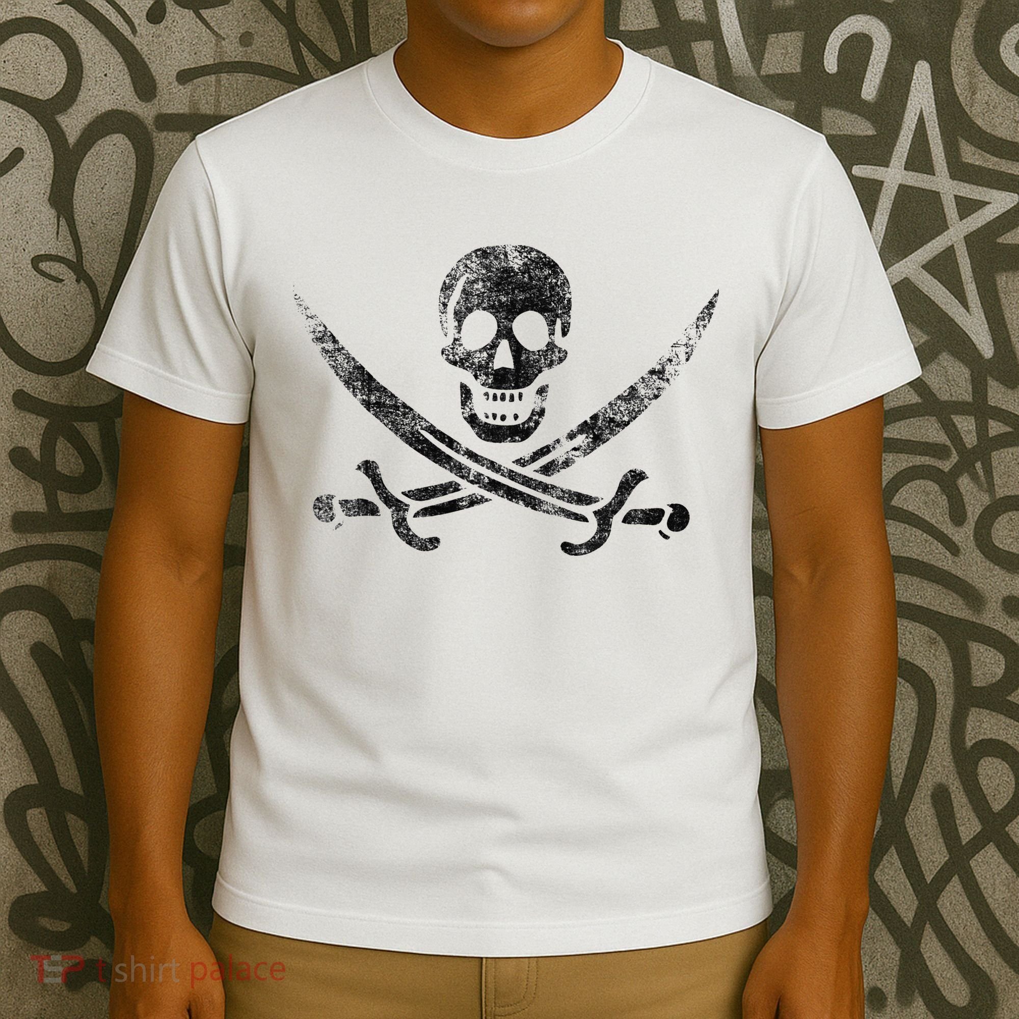 Calico Jack Pirate Flag Jolly Roger Distressed Graphic T-Shirt