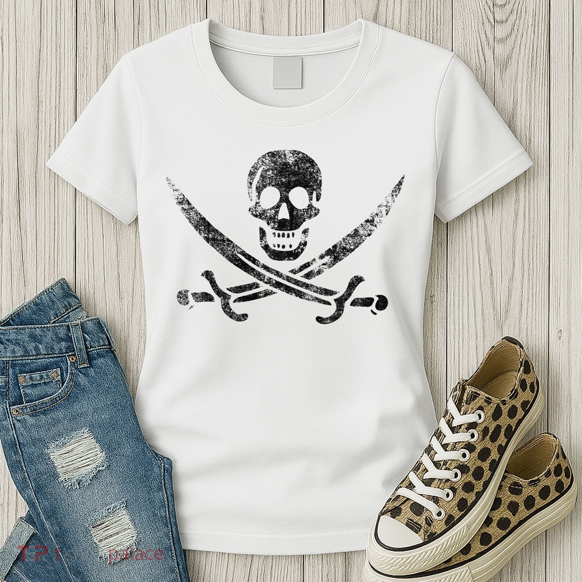 Calico Jack Pirate Flag Jolly Roger Distressed Graphic Women's T-Shirt