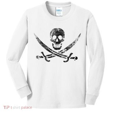 Calico Jack Pirate Flag Jolly Roger Distressed Graphic Kids Long Sleeve Shirt