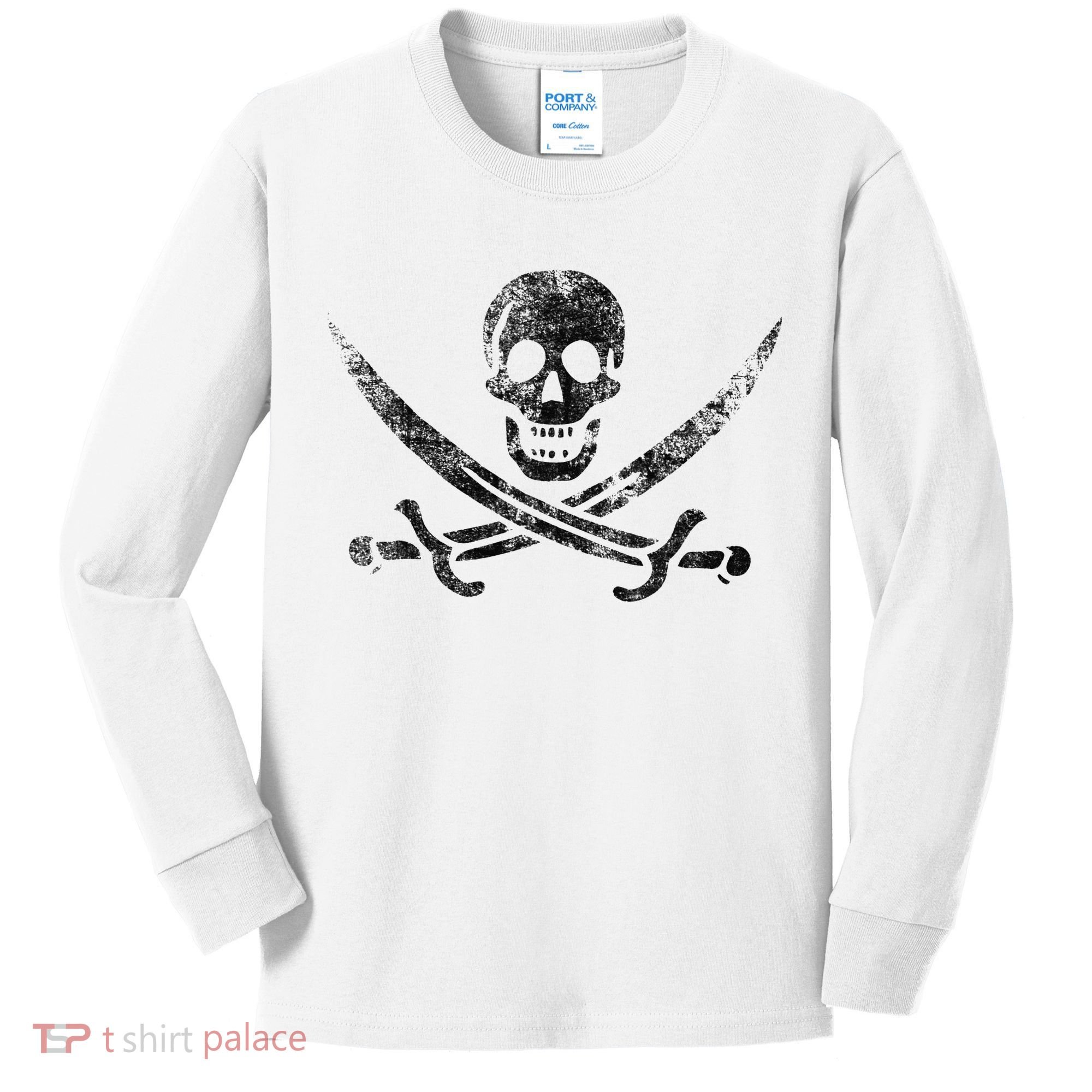 Calico Jack Pirate Flag Jolly Roger Distressed Graphic Kids Long Sleeve Shirt