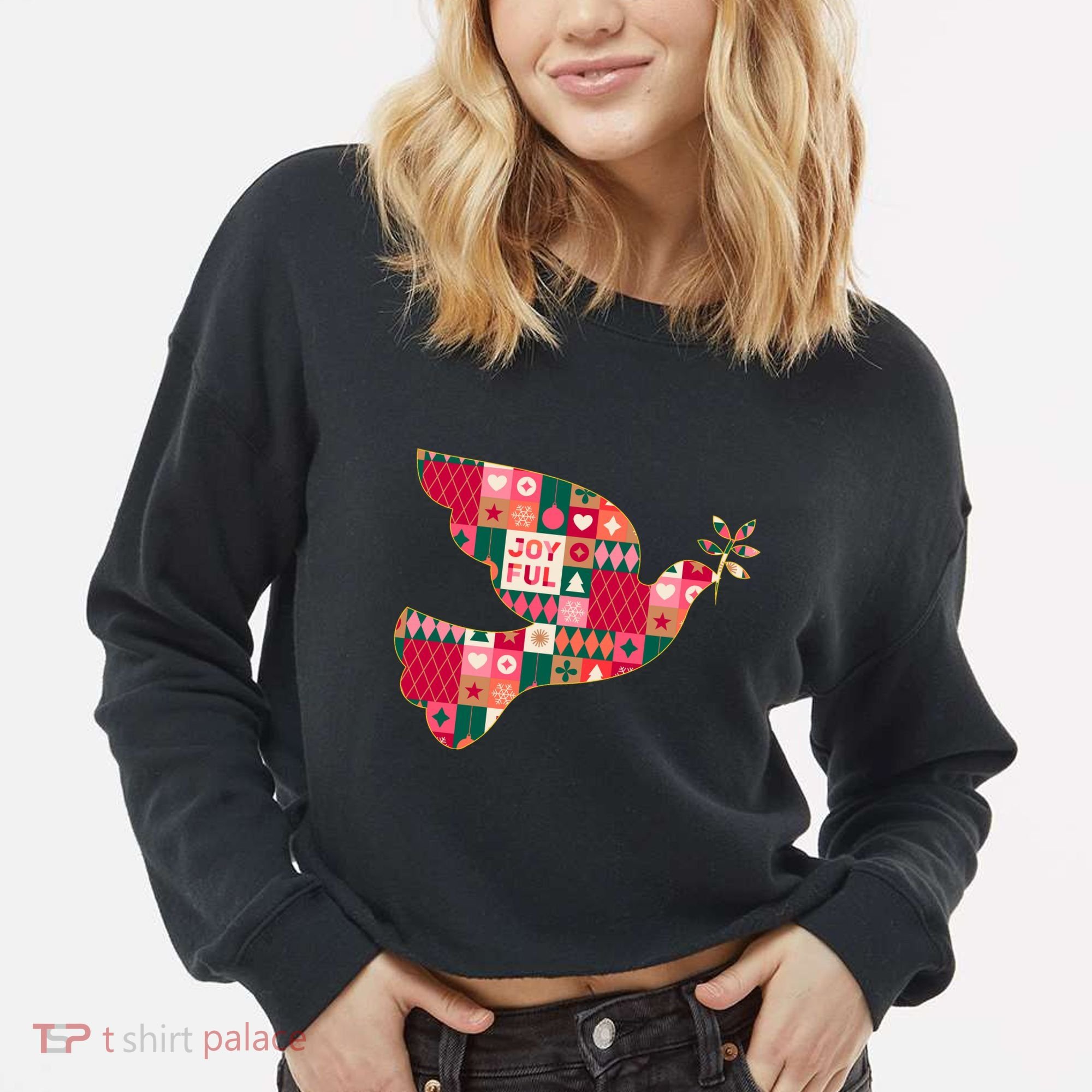 Christmas Joyful Pattern Peace Dove Cropped Pullover Crew
