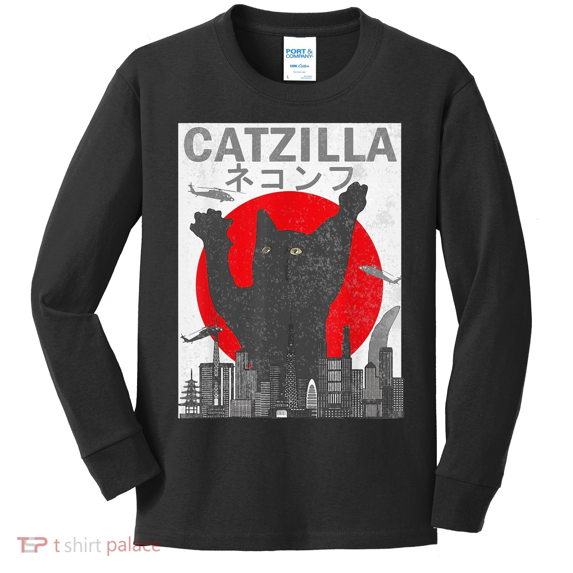 Catzilla Japanese Sunset Style Cat Kids Long Sleeve Shirt
