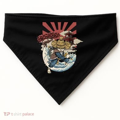 Cool Japanese Samurai Cat Neko Blue Wave USA-Made Doggie Bandana