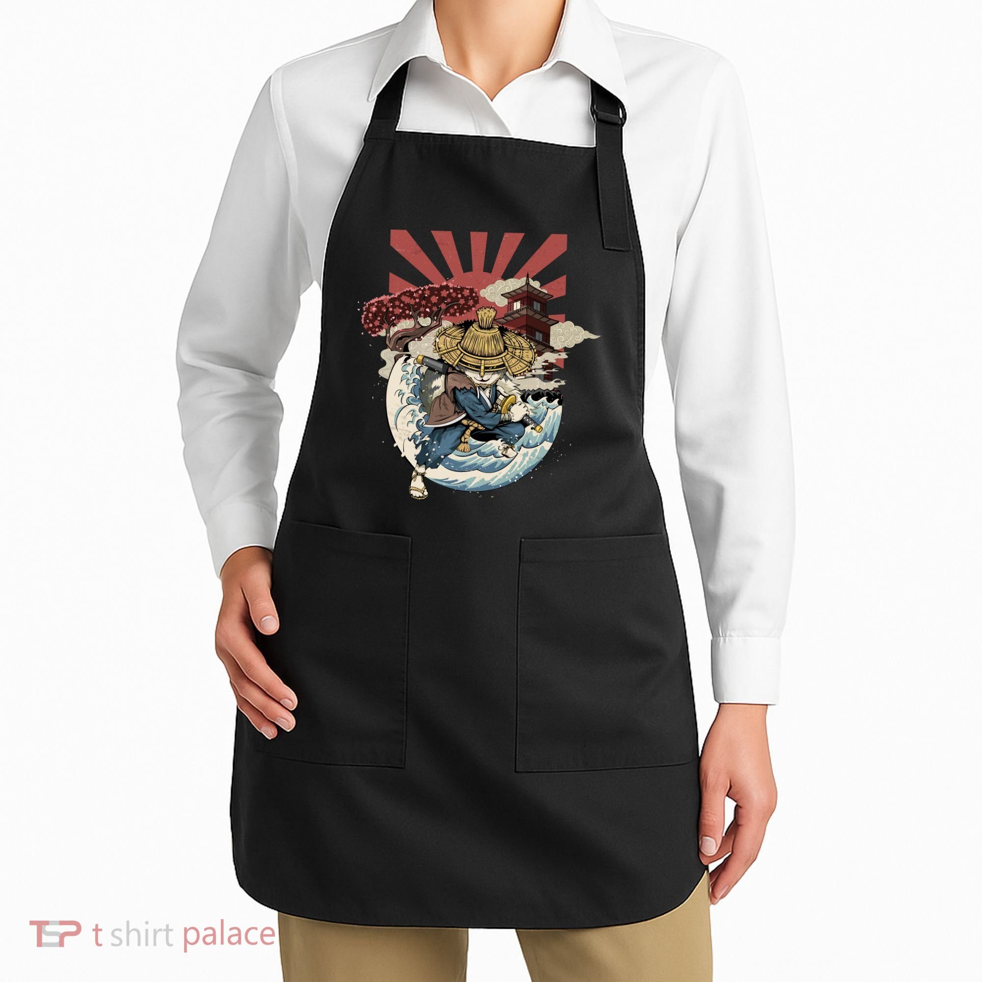 Cool Japanese Samurai Cat Neko Blue Wave Apron