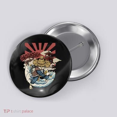 Cool Japanese Samurai Cat Neko Blue Wave Button