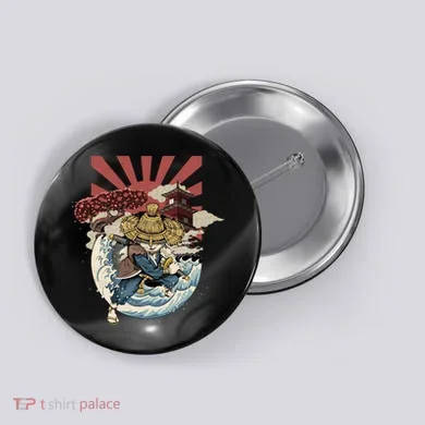 Cool Japanese Samurai Cat Neko Blue Wave Button