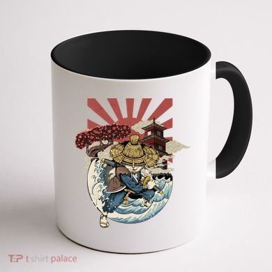 Cool Japanese Samurai Cat Neko Blue Wave Coffee Mug back
