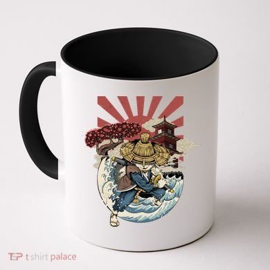 Cool Japanese Samurai Cat Neko Blue Wave Coffee Mug