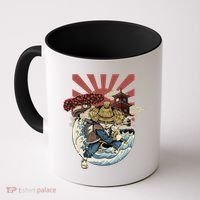 Cool Japanese Samurai Cat Neko Blue Wave Coffee Mug thumb 0
