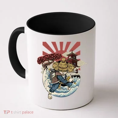 Cool Japanese Samurai Cat Neko Blue Wave Coffee Mug