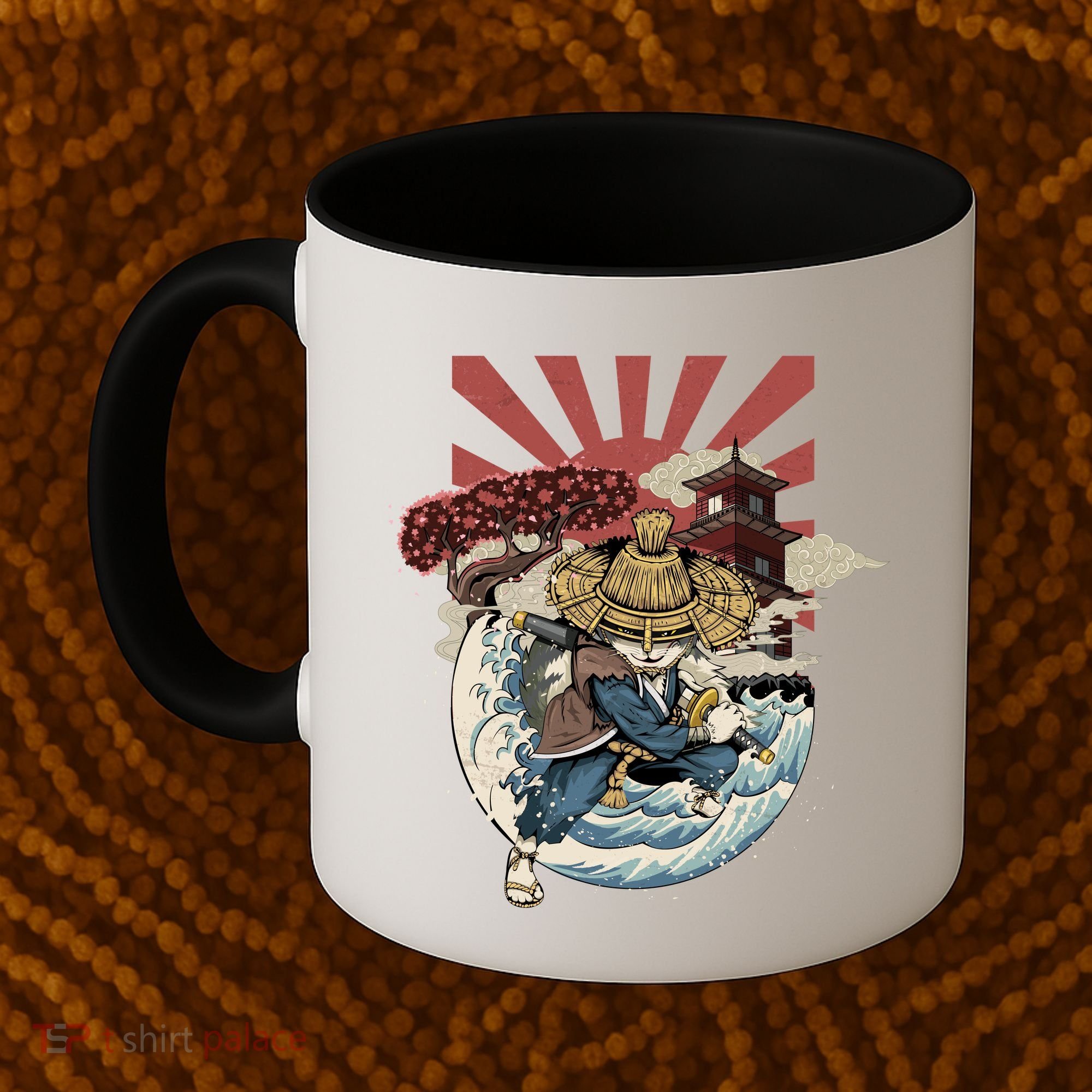 Cool Japanese Samurai Cat Neko Blue Wave Coffee Mug