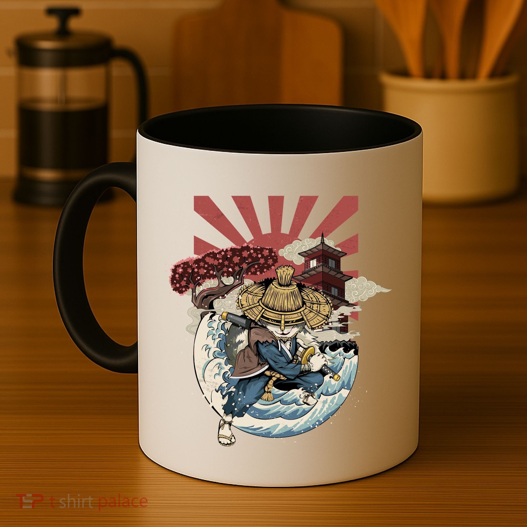 Cool Japanese Samurai Cat Neko Blue Wave Coffee Mug