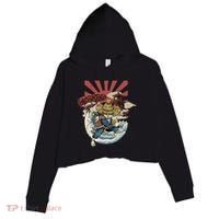 Cool Japanese Samurai Cat Neko Blue Wave Crop Fleece Hoodie thumb 0