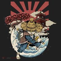 Cool Japanese Samurai Cat Neko Blue Wave Crop Fleece Hoodie thumb 2