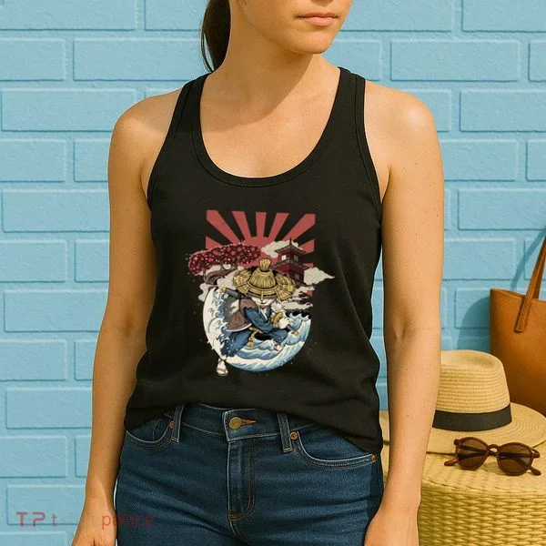 Cool Japanese Samurai Cat Neko Blue Wave Women's Tank Top