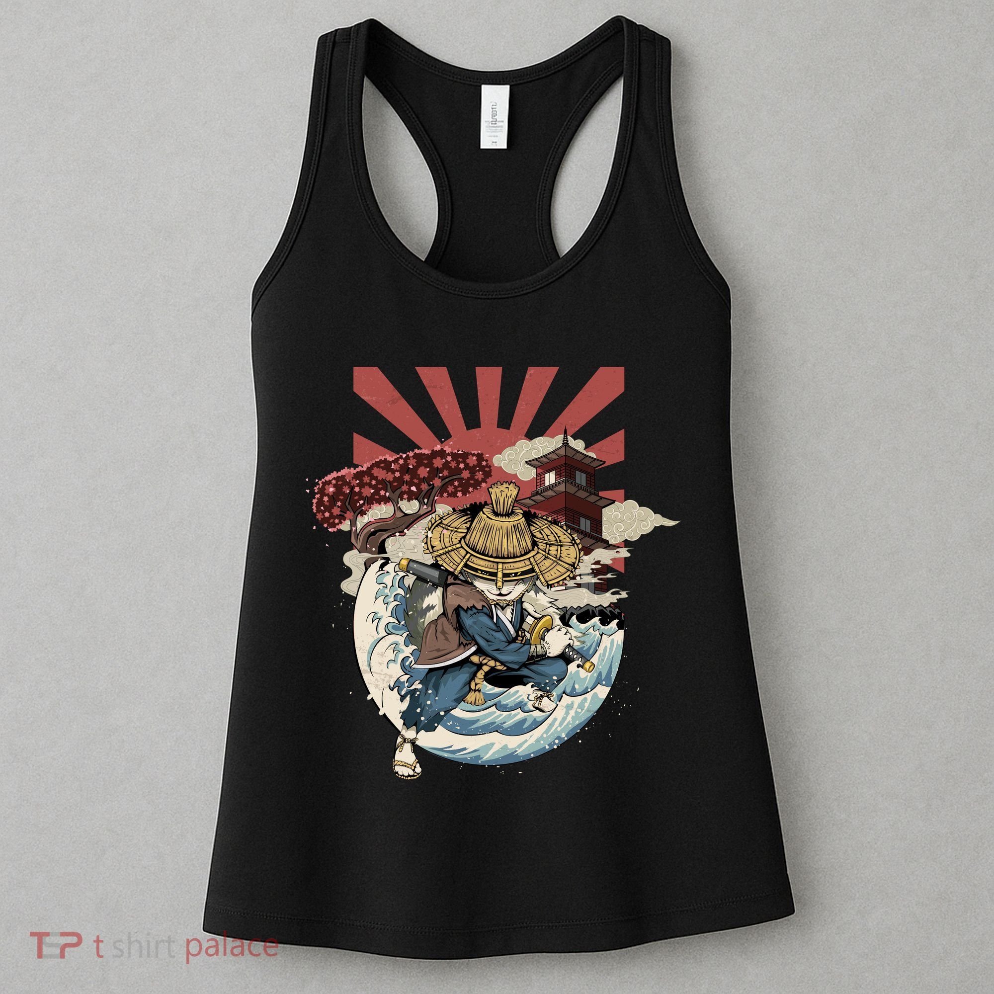 Cool Japanese Samurai Cat Neko Blue Wave Women's Tank Top