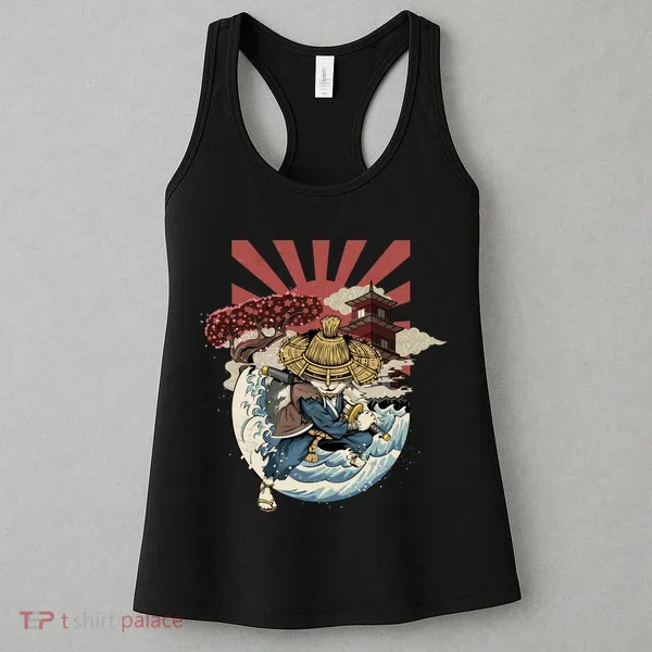 Cool Japanese Samurai Cat Neko Blue Wave Women's Tank Top