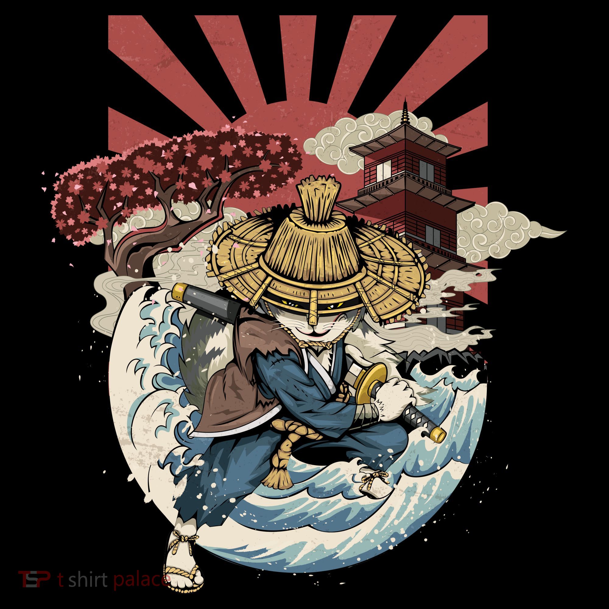Cool Japanese Samurai Cat Neko Blue Wave Women's Tank Top