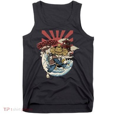 Cool Japanese Samurai Cat Neko Blue Wave Tank Top