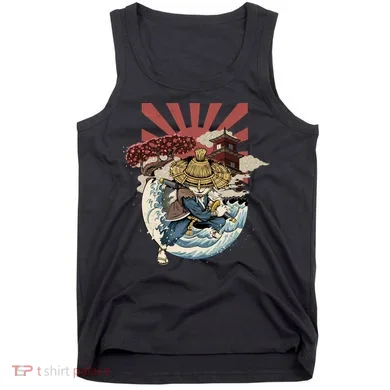 Cool Japanese Samurai Cat Neko Blue Wave Tank Top