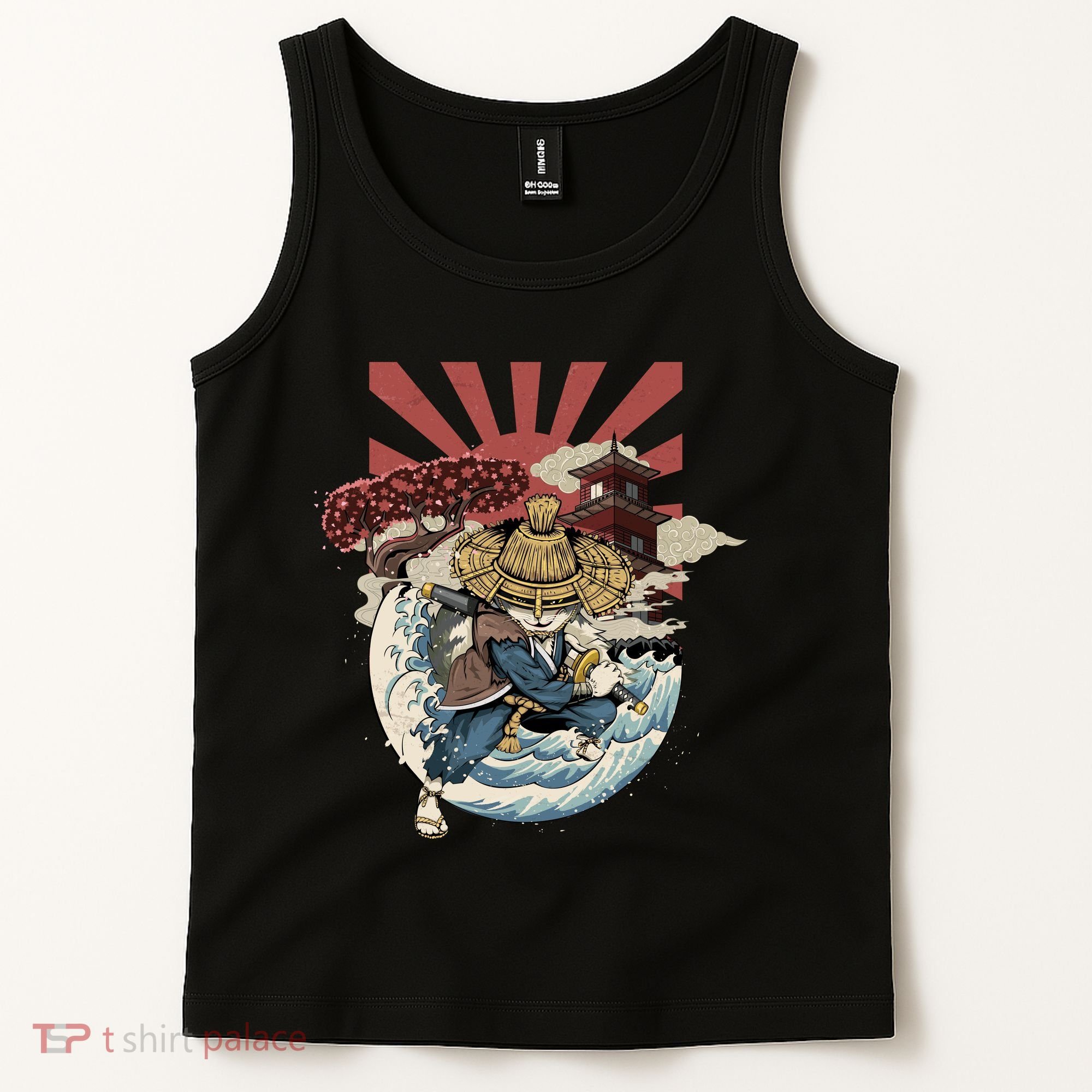Cool Japanese Samurai Cat Neko Blue Wave Tank Top