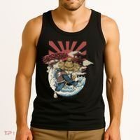 Cool Japanese Samurai Cat Neko Blue Wave Tank Top thumb 3
