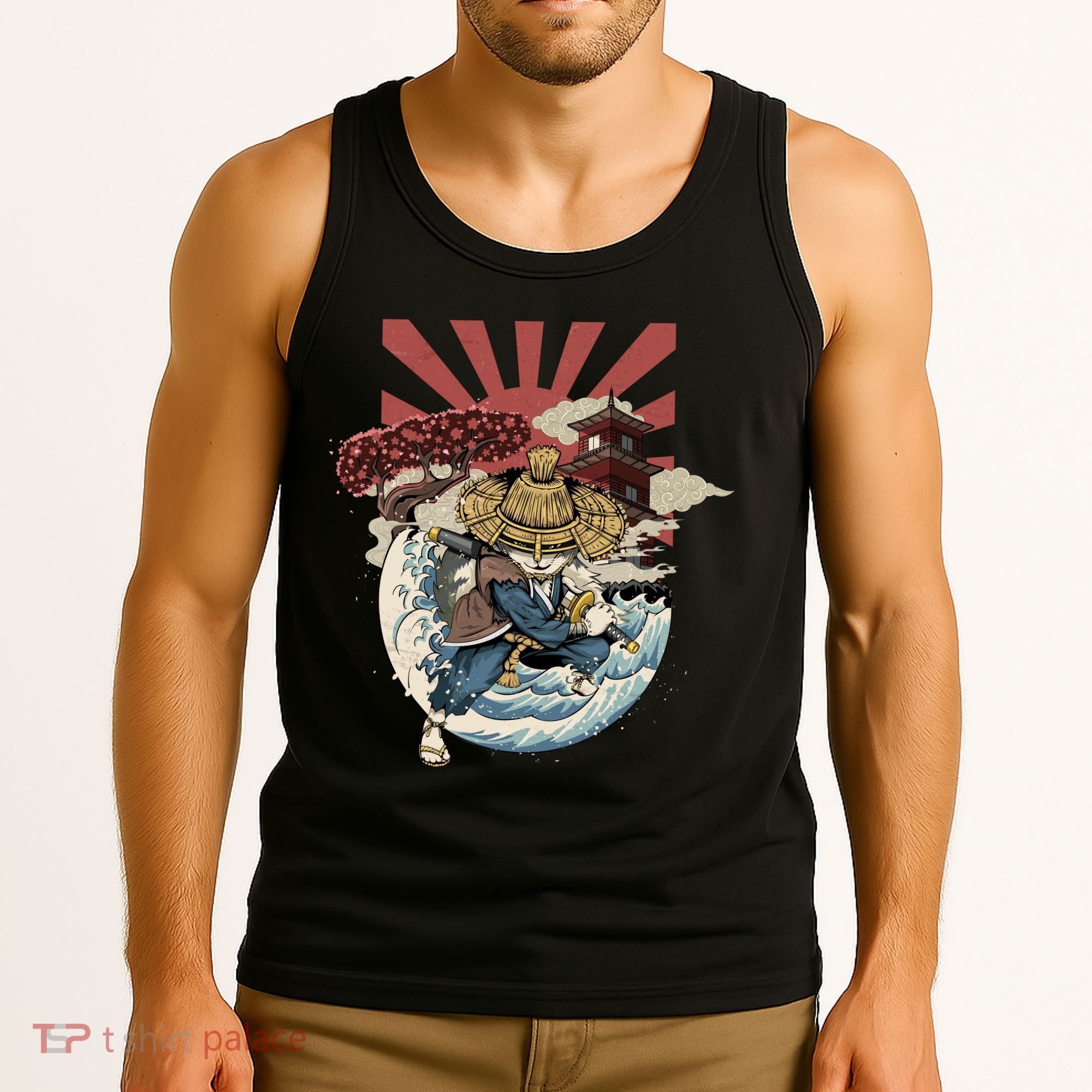 Cool Japanese Samurai Cat Neko Blue Wave Tank Top